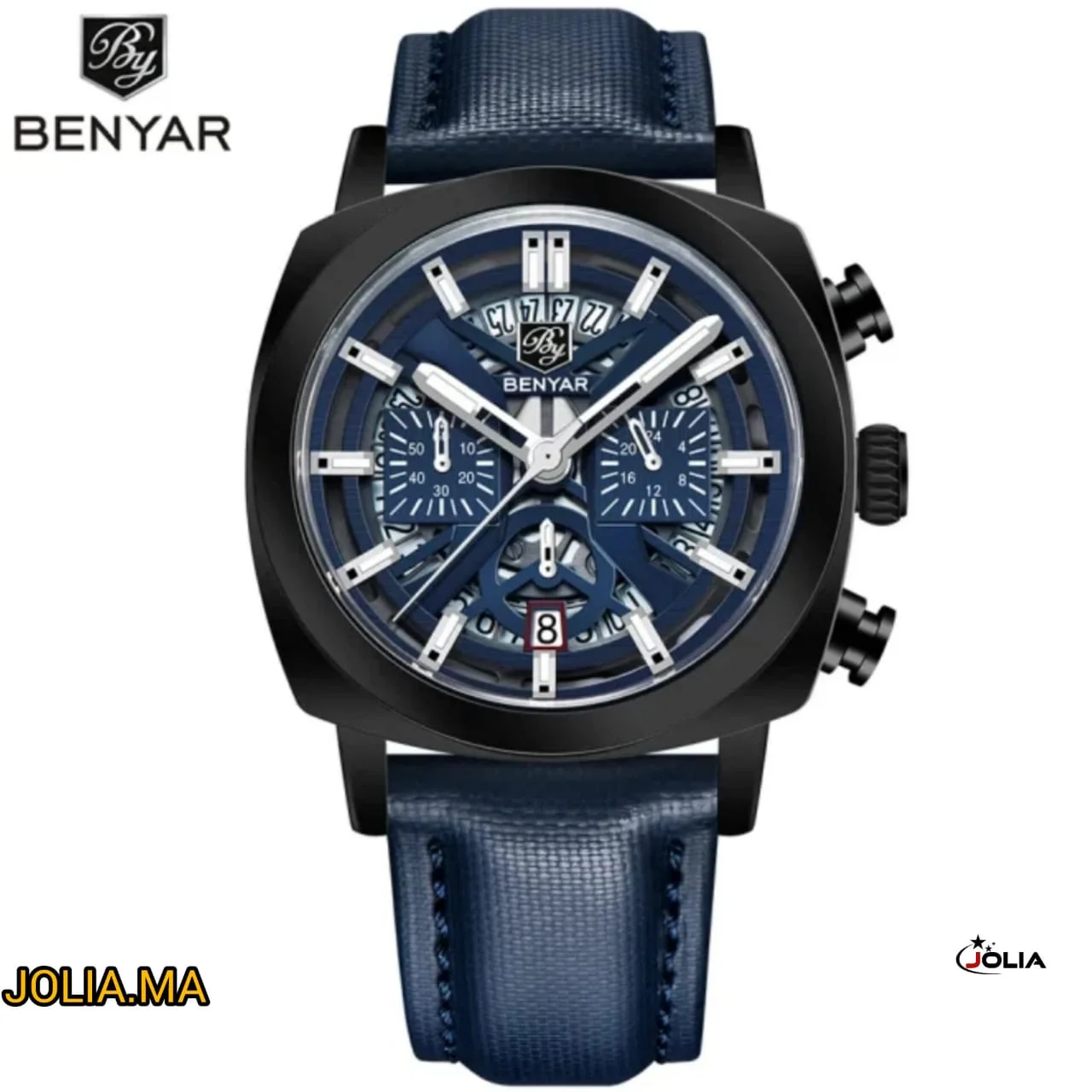 BENYAR BY-5205B – montre classique de luxe pour hommes avec bracelet en cuir – Bleu & Argenté