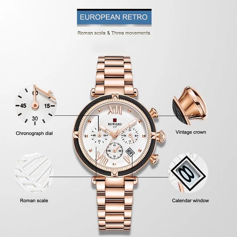 REWARD ساعة نسائية فاخرة ، مقاومة للماء ، حركة كوارتز ، فستان كاجوال بحزام فضي ذهبي مربع - QUEN905