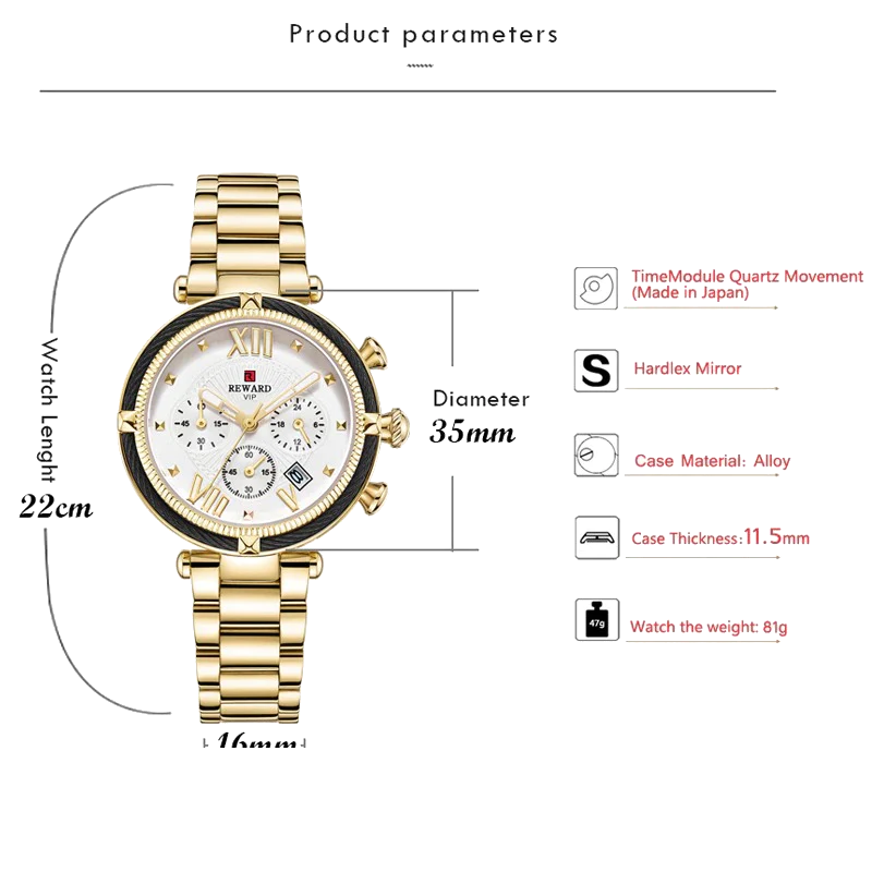REWARD ساعة نسائية فاخرة ، مقاومة للماء ، حركة كوارتز ، فستان كاجوال بحزام فضي ذهبي مربع - QUEN905