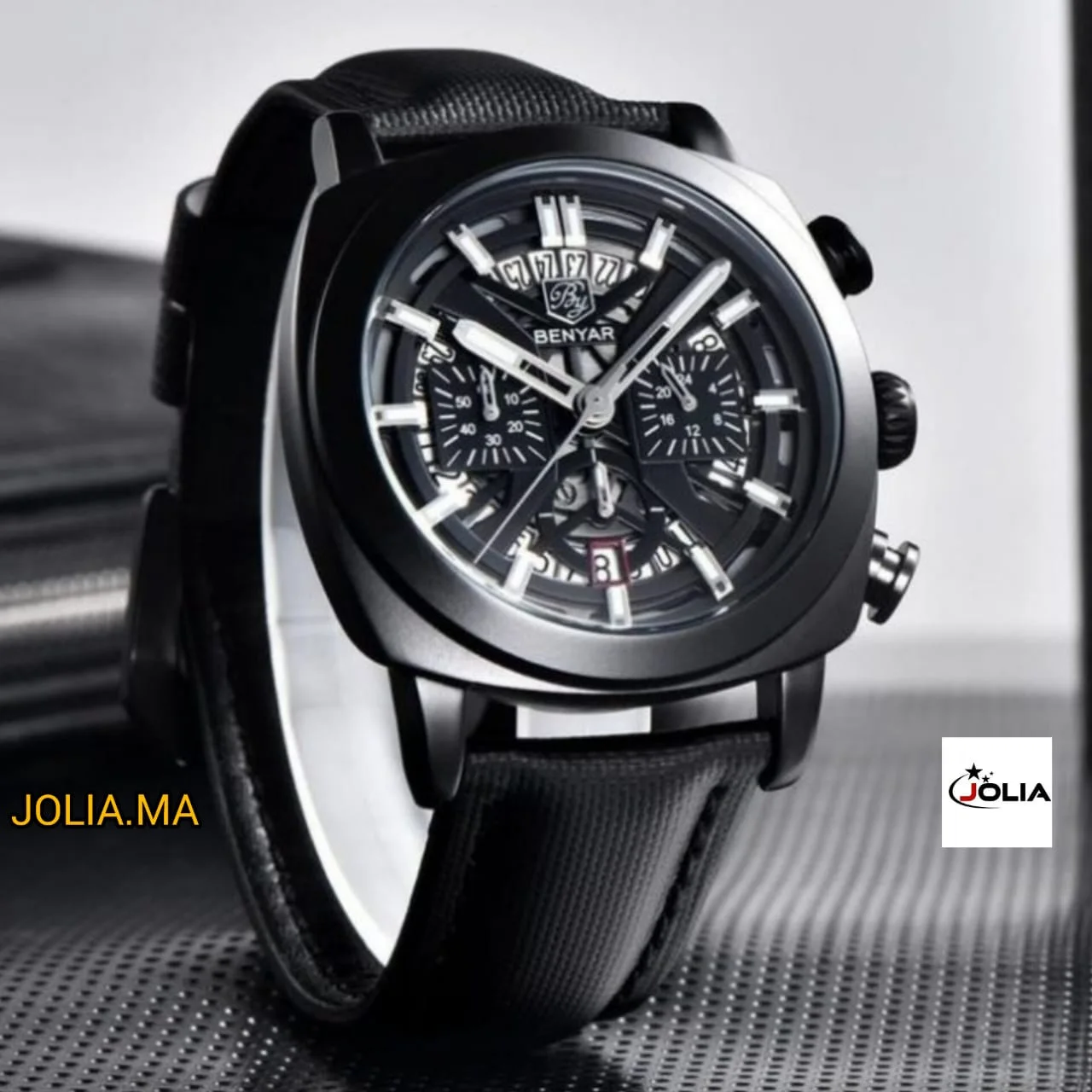 BENYAR BY-5205B – montre classique de luxe pour hommes avec bracelet en cuir – Bleu & Argenté