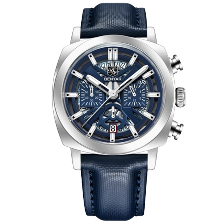 BENYAR BY-5205B – montre classique de luxe pour hommes avec bracelet en cuir – Bleu & Argenté
