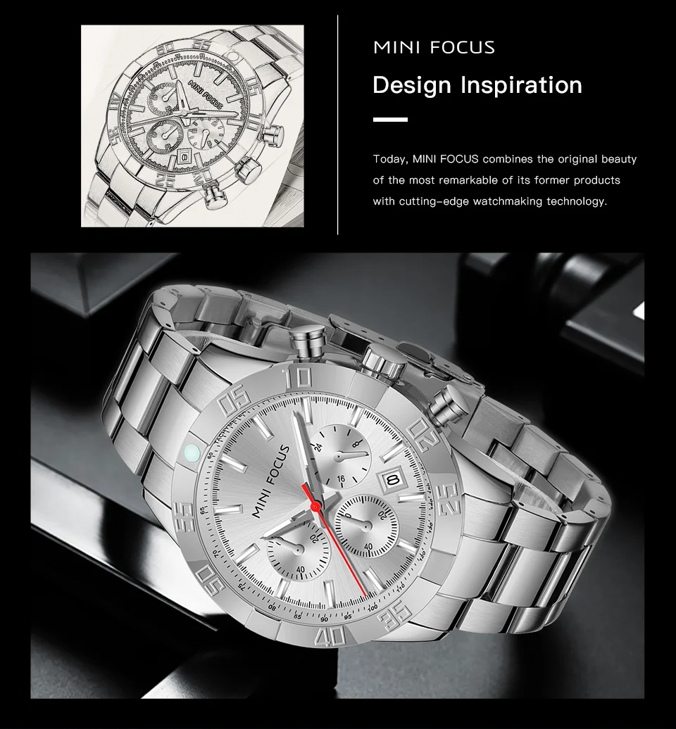 MINI FOCUS MF0416G  - ساعة فاخرة للرجال بسوار من الفولاذ المقاوم للصدأ montre homme