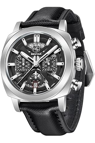BENYAR BY-5205B – montre classique de luxe pour hommes avec bracelet en cuir – Bleu & Argenté
