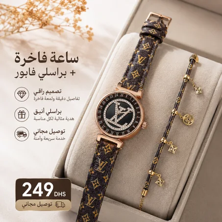 ساعة نسائية فاخرة + براسلي هدية