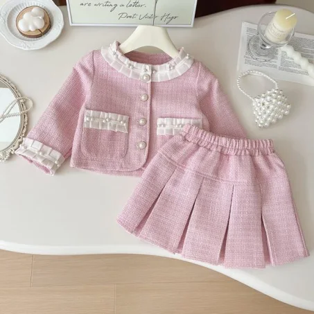 Ensemble 2 pièces en tweed rose pour fille