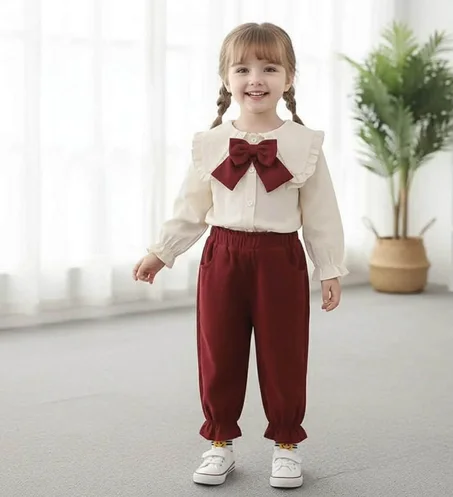 Ensemble pantalon chemise beige noeud bordeau