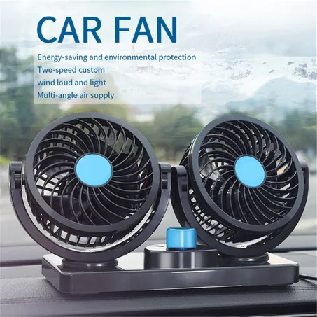 مروحة دوارة صغيرة مزدوجة الرأس تناسب جميع السيارات Mini Electric Car Fan Low Noise Summer Car Air Conditioner