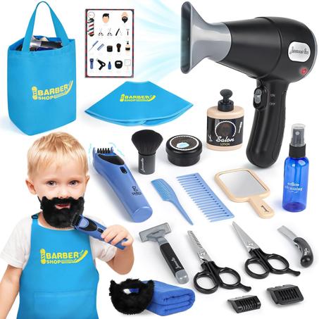 Juguete de peluquería para niños, kit de afeitado para niños a partir de 3 años con secador de pelo, juguetes de afeitadora eléctrica, bolsa de herramientas y accesorios de peluquería para ju