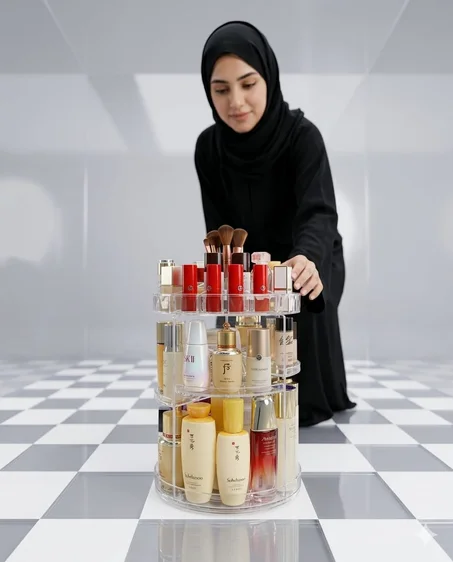 ✨ منظم المكياج والعناية الدوّار (360 درجة) – لمسة الفخامة لتسريحتك ✨