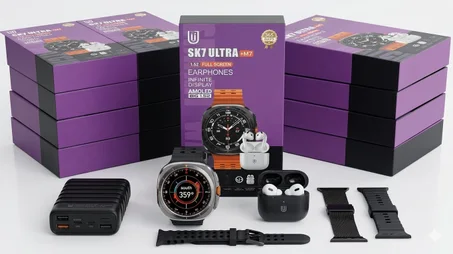 العرض العملاق 4 في 1: ساعة SK7 Ultra الذكية + باور بانك 20W + سماعات بلوتوث + 2 أحزمة أنيقة