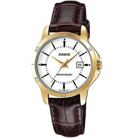 Casio – Cadran blanc Pour femme – Bracelet en cuir marron – LTP-V004GL-7AUDF