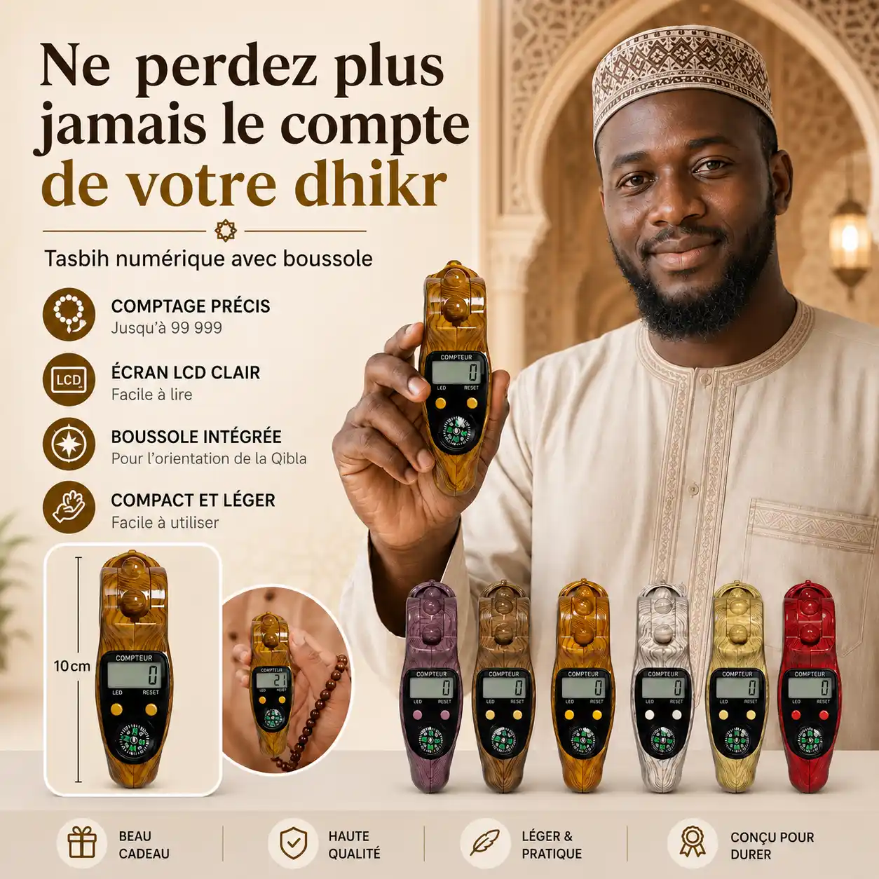 Tasbih numérique avec boussole – Compteur de dhikr portable