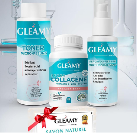 Gleamy Routine Peau Complete Toner 100ml + Collagene Boite de 30 Gélules +Serum 50ml = Savon Offert+