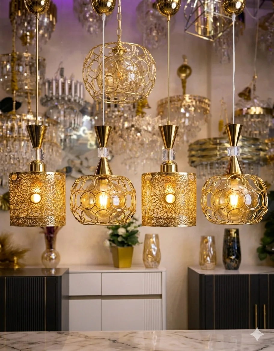 طقم 4 ثريات ذهبية فاخرة بتصميم عصري