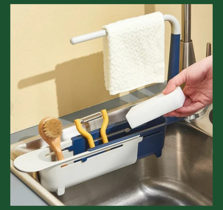 منظم مطبخ فوق الحوض – رف تلسكوبي مع شريط لتجفيف المناشف
