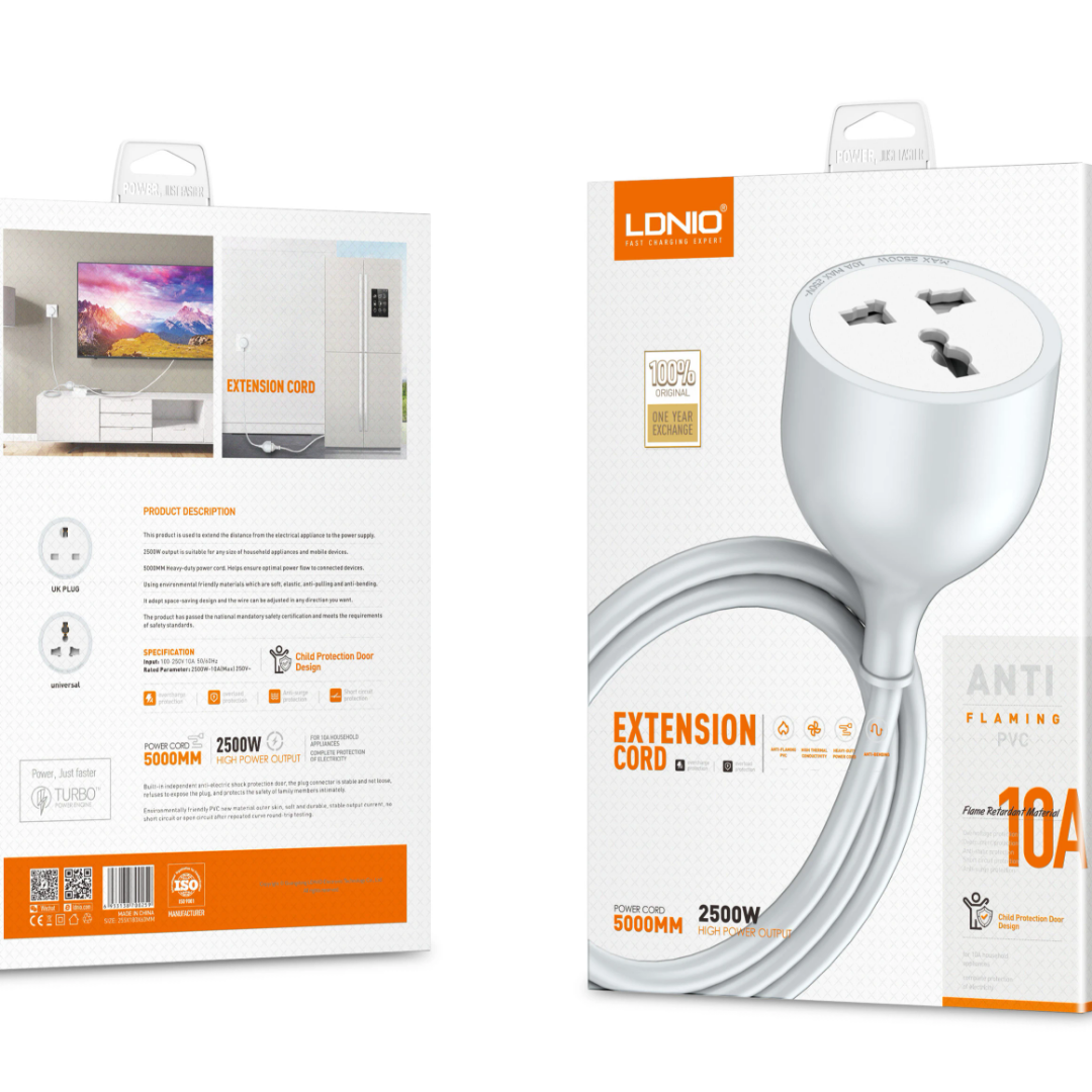 LDNIO Extension Cord – 2500W | 5 mètres | Sécurité enfant | PVC anti-flamme