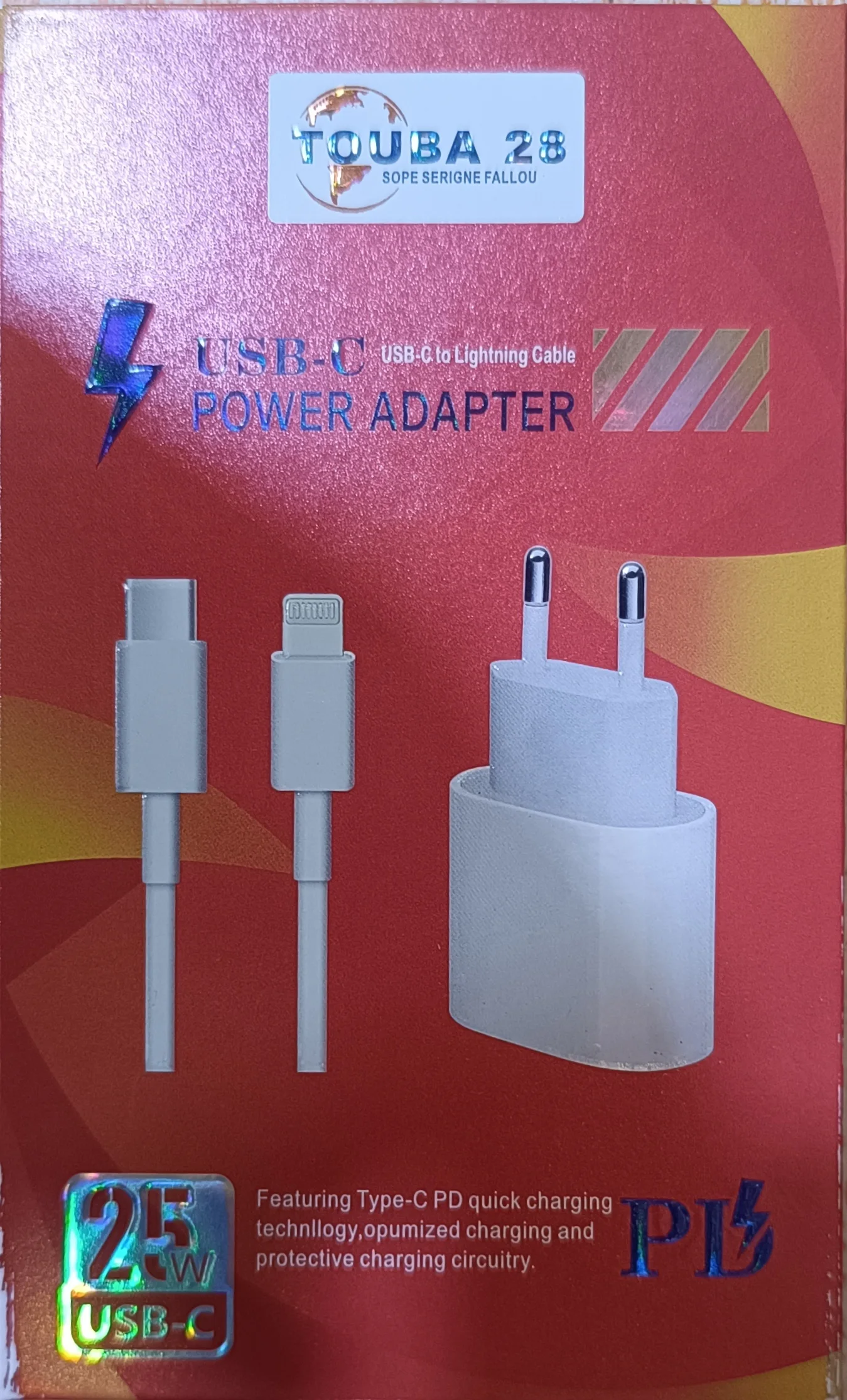 TOUBA 28 – Chargeur rapide USB-C 25W | Câble Lightning | Technologie PD