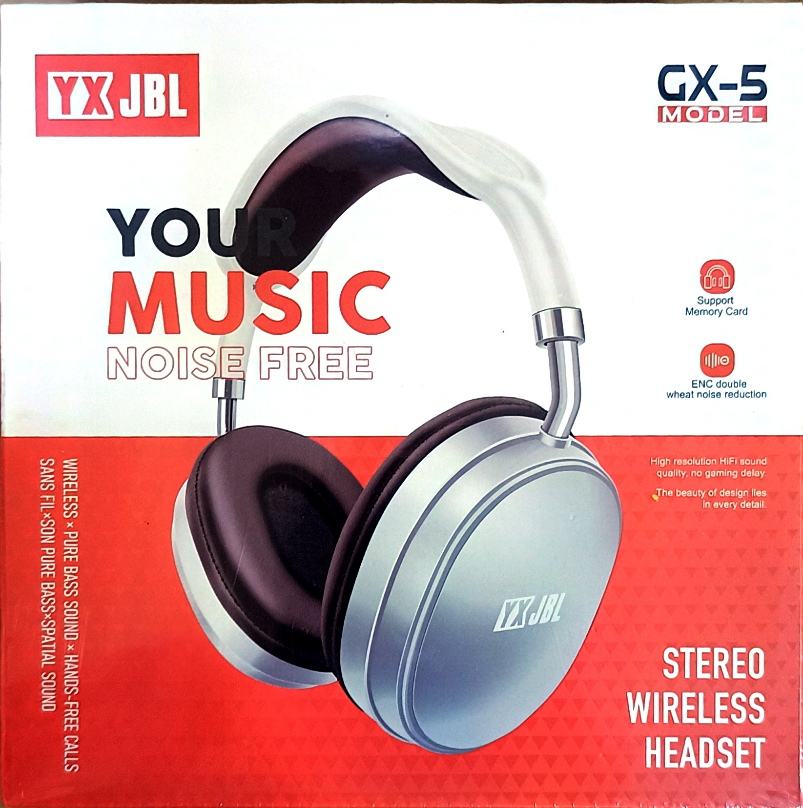 YX JBL GX-5 – Casque stéréo sans fil | Pure Bass | ENC | HiFi | Carte mémoire