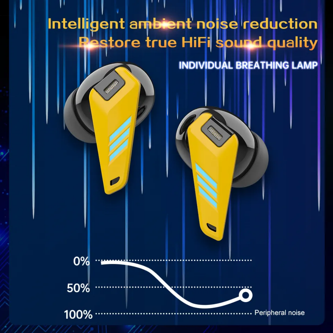 YX07 – Écouteurs sans fil design futuriste | Boîtier jaune | Multi-compatibilité