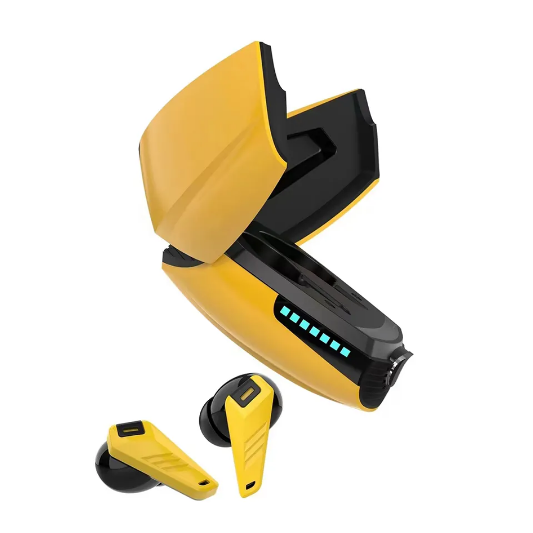 YX07 – Écouteurs sans fil design futuriste | Boîtier jaune | Multi-compatibilité