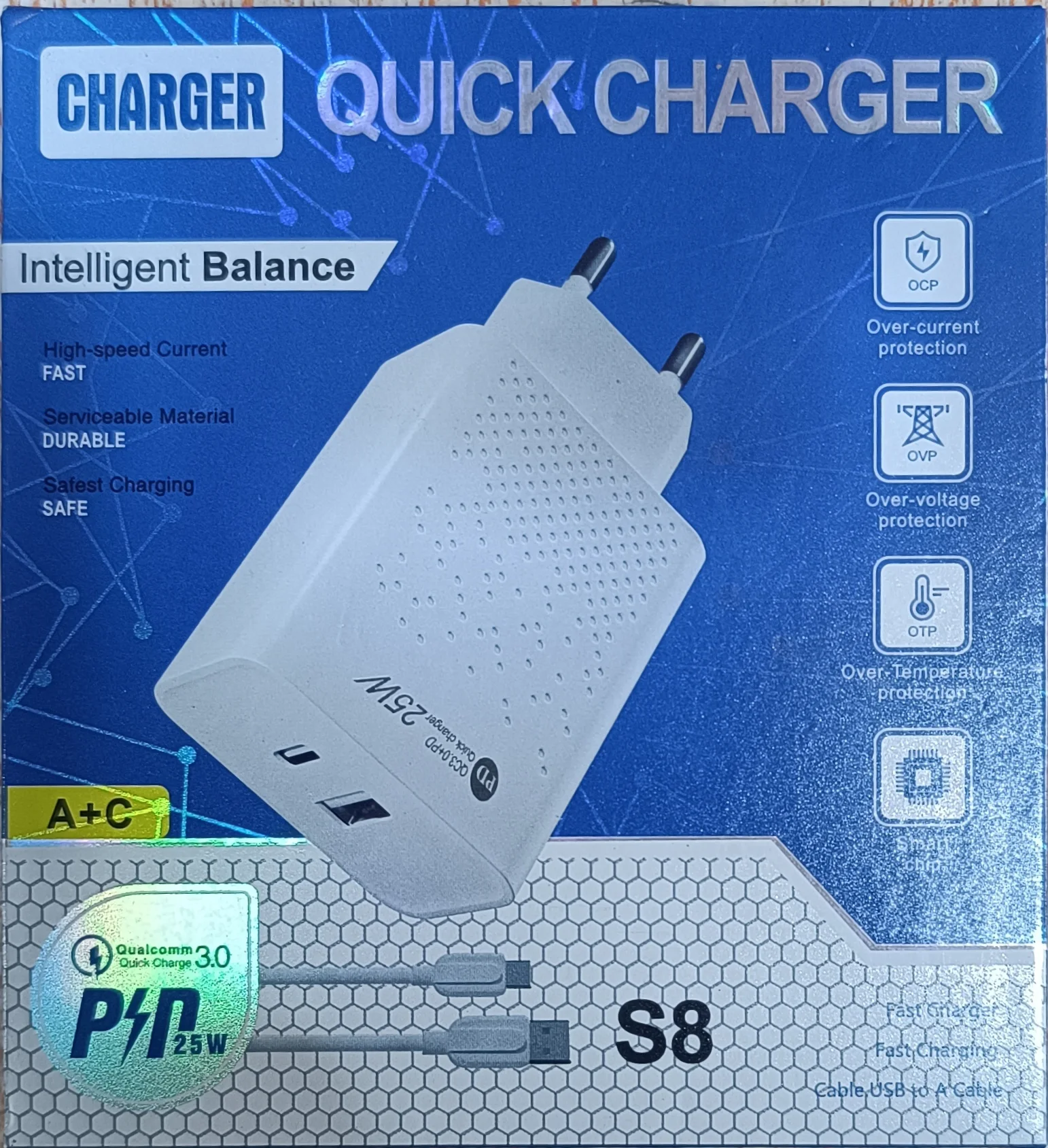S8 QUICK CHARGER – Chargeur intelligent 25W | Qualcomm QC 3.0 + PD | USB vers A