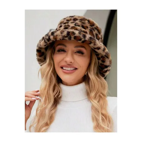 Chapeau Seau En Peluche Léopard Pour Femmes, Chaud Pour l'automne Et l'hiver