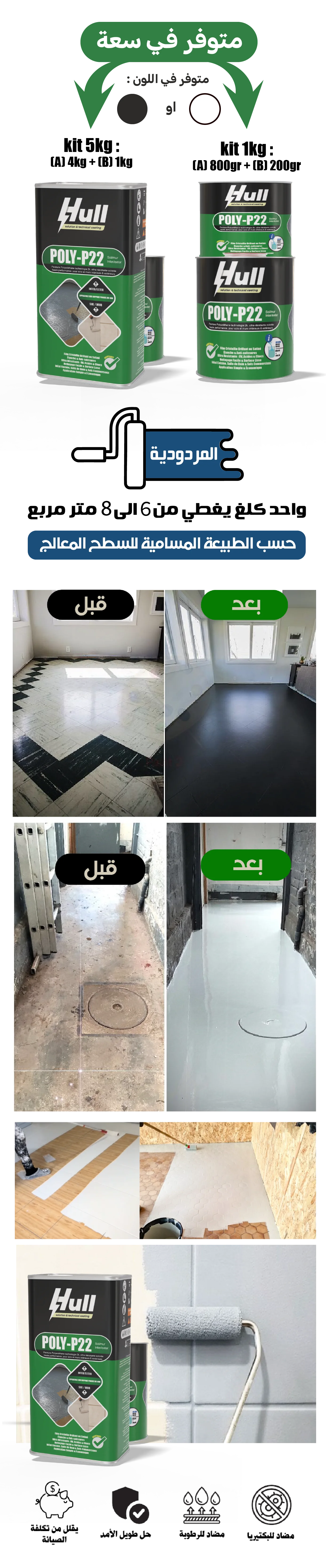 POLY-P22 أحجام 1كلغ و 5كلغ، ألوان أبيض وأسود، قبل وبعد التجديد