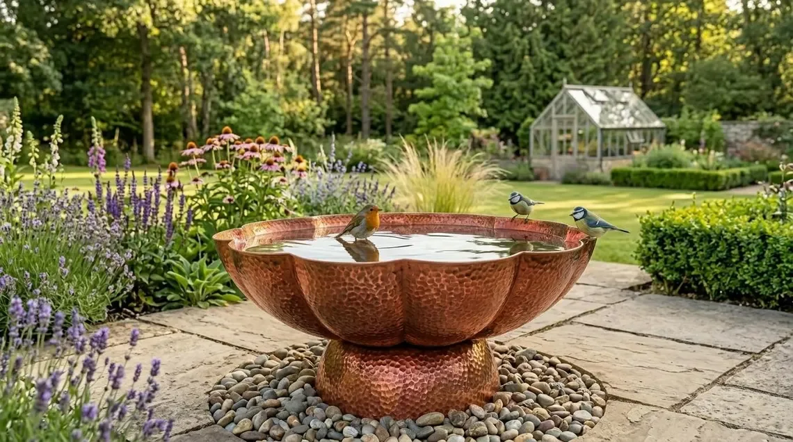 Hand-Hammered Solid Copper Bird Bath – Rustic Moroccan Garden Decor – Water Feature Bowl