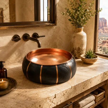 Handmade Black Patina Copper Bath Sink – Hand-Hammered Moroccan Vessel Sink