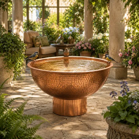 Hand-Hammered Solid Copper Bird Bath – Rustic Moroccan Garden Decor – Water Feature Bowl