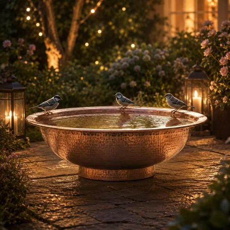 Hand-Hammered Solid Copper Bird Bath – Rustic Moroccan Garden Decor – Water Feature Bowl