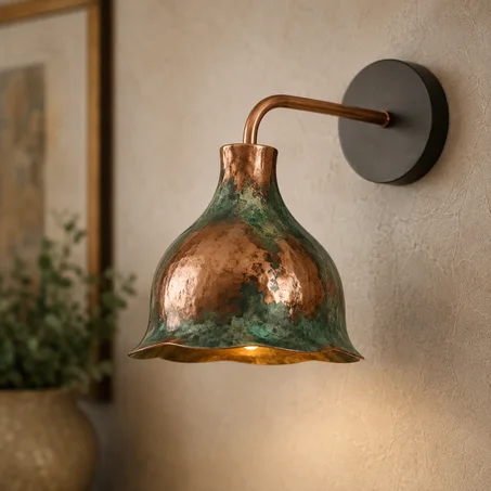 Green Patina Copper Wall Light | Handmade Moroccan Hammered Wall Sconce | Artisan Copper Lighting