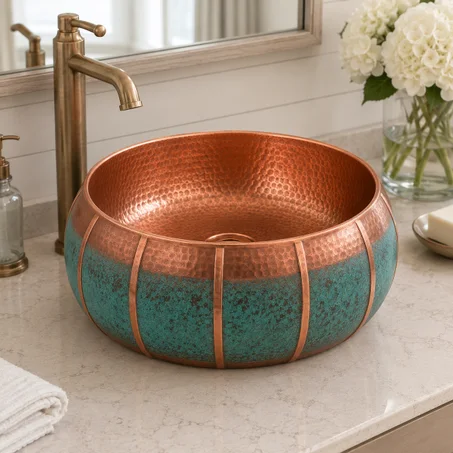 Handmade Green Patina Copper Bath Sink – Moroccan Hand-Hammered Vessel Sink