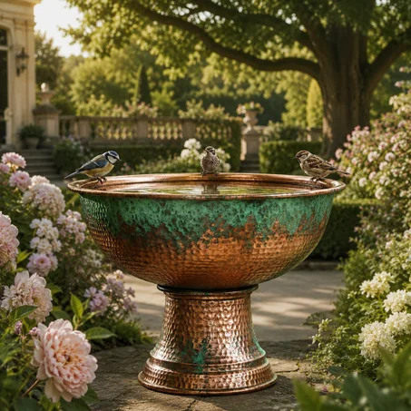 Handmade Green Patina Copper Bird Bath – Moroccan Garden Decor – Solid Copper Water Bowl