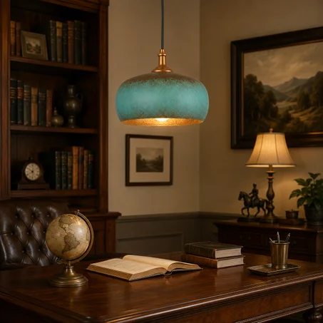 Green Patina Copper Dome Pendant Light, Handmade Hammered Kitchen Island Lighting, Rustic Ceiling Lamp