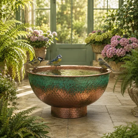Handmade Green Patina Copper Bird Bath – Moroccan Garden Decor – Solid Copper Water Bowl