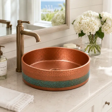 Handmade Green Patina Copper Bath Sink – Moroccan Hand-Hammered Vessel Sink
