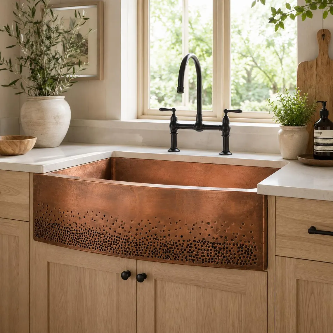Handmade Hammered Copper Farmhouse Kitchen Sink – Decorative Perforated Apron Front