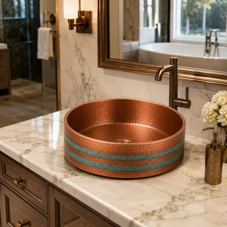 Handmade Green Patina Copper Bath Sink – Moroccan Hand-Hammered Vessel Sink
