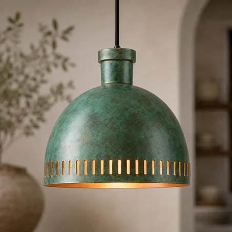 Green Patina Copper Dome Pendant Light, Handmade Hammered Kitchen Island Lighting, Rustic Ceiling Lamp