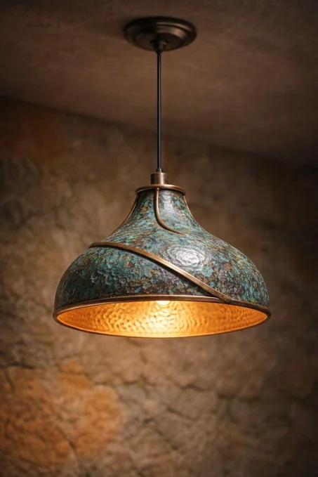 Green Patina Copper Dome Pendant Light, Handmade Hammered Kitchen Island Lighting, Rustic Ceiling Lamp