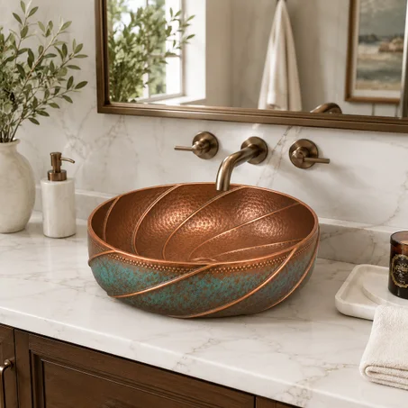 Handmade Green Patina Copper Bath Sink – Moroccan Hand-Hammered Vessel Sink