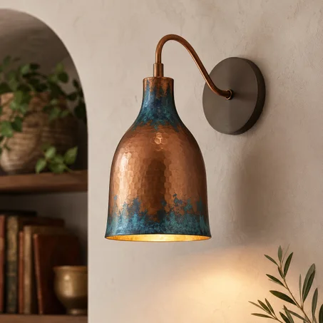 Blue Patina Copper Wall Light | Handmade Moroccan Hammered Wall Sconce | Artisan Copper Lighting
