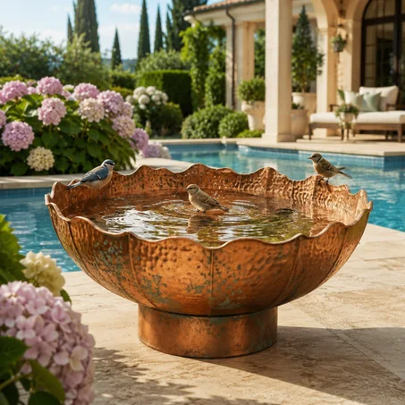 Handmade Green Patina Copper Bird Bath – Moroccan Garden Decor – Solid Copper Water Bowl