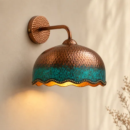 Green Patina Copper Wall Light | Handmade Moroccan Hammered Wall Sconce | Artisan Copper Lighting