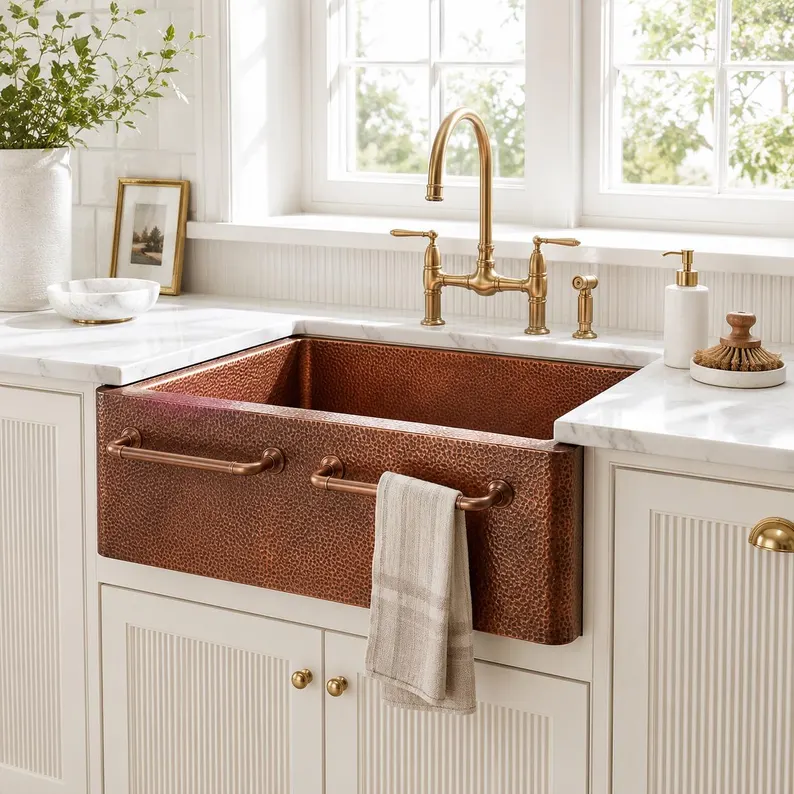 Handmade Solid Copper Farmhouse Kitchen Sink – Hammered Single Bowl