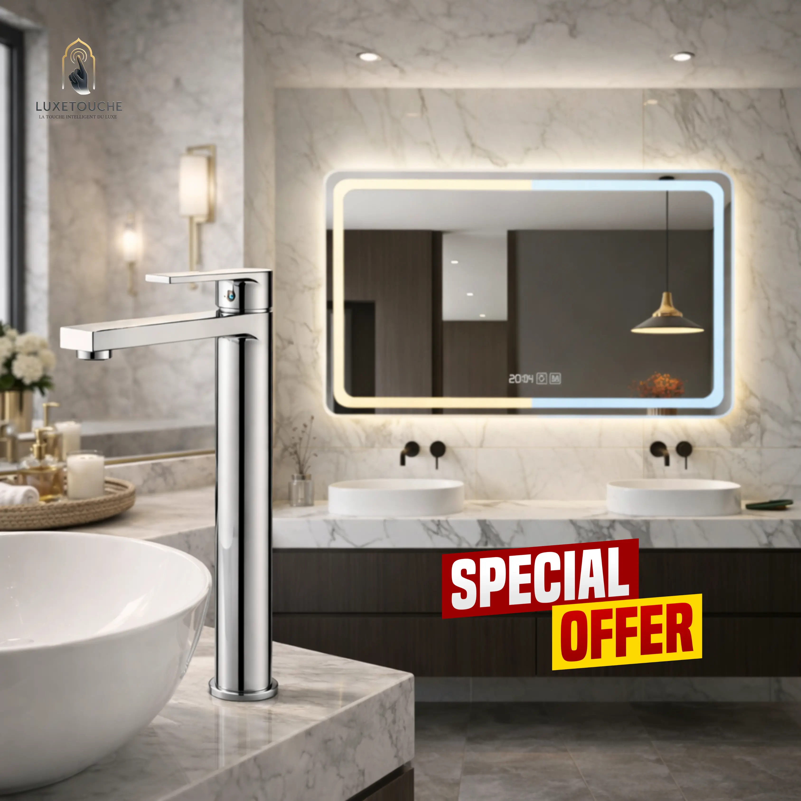 Pack Miroir LED intelligent Horizontal  + Robinet Lavabo Sorrento Rond Long Premium — Élégance, confort et organisation parfaite !