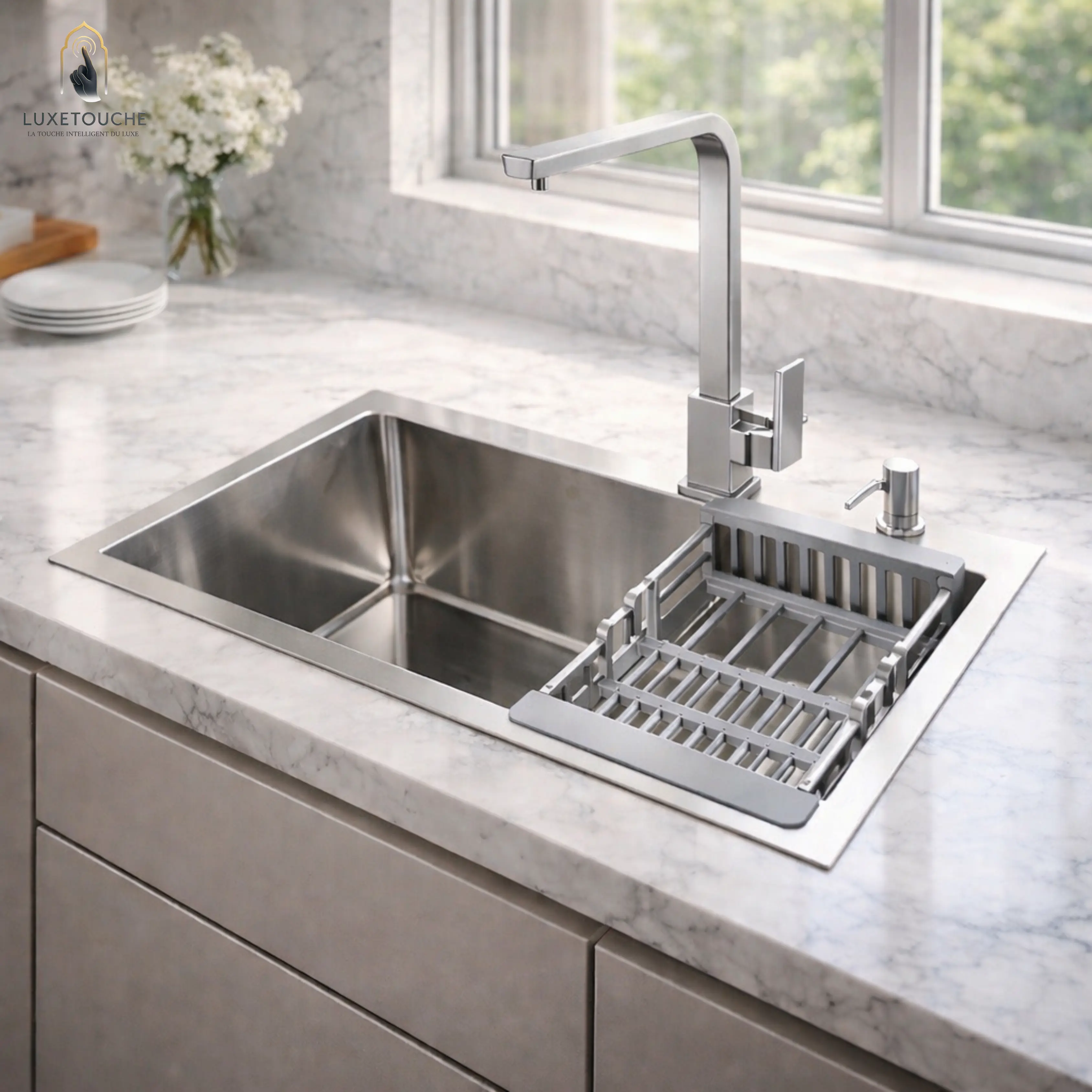 Évier Cuisine LuxeTouche Premium – Égouttoir Intelligent & Robinet Moderne