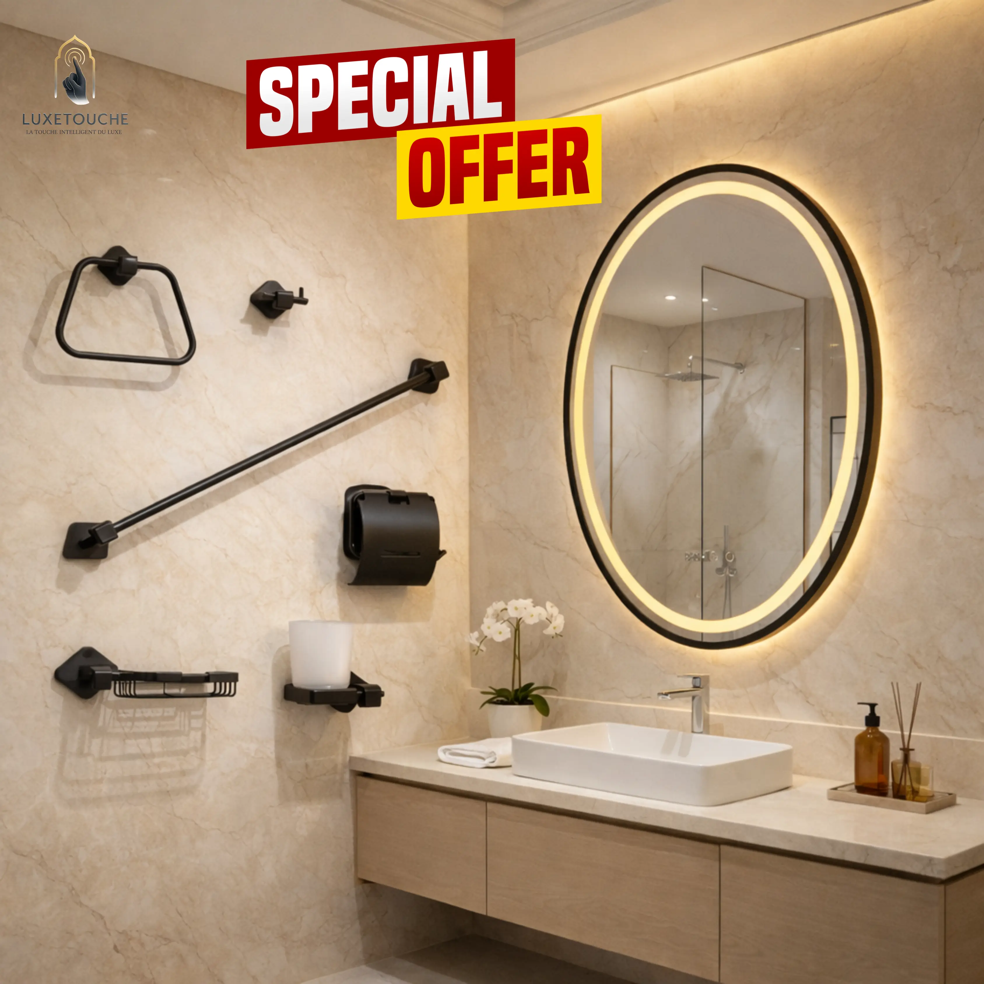 Pack Miroir LED intelligent Oval Spécial  + Ensemble THEROS en Aluminium — Élégance, confort et organisation parfaite !