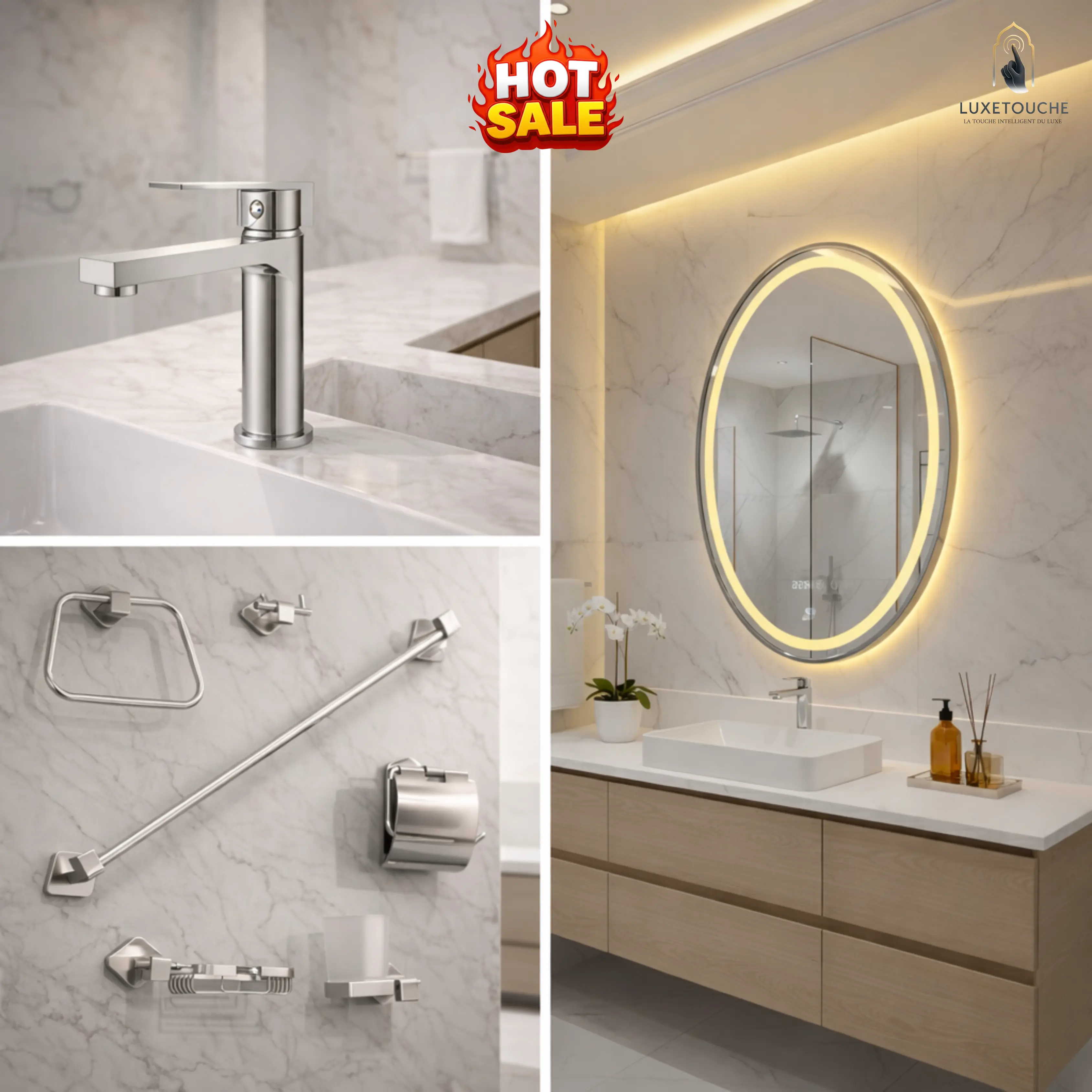 Pack Miroir LED intelligent Oval Spécial + Robinet Lavabo Court Premium en Acier Brossé + Ensemble  THEROS en Aluminium